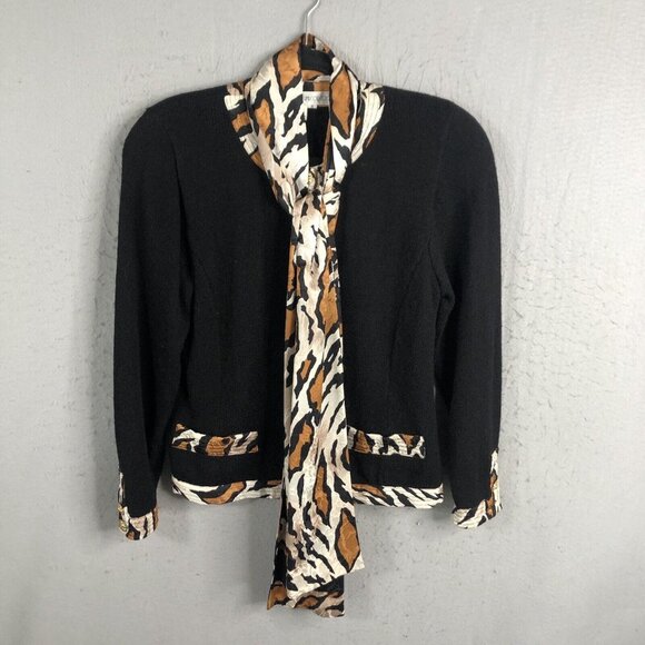 Vintage Anne Crimmins  Sweater Womens Small Black Cheetah Print Career Scarf 80s - Picture 1 of 16